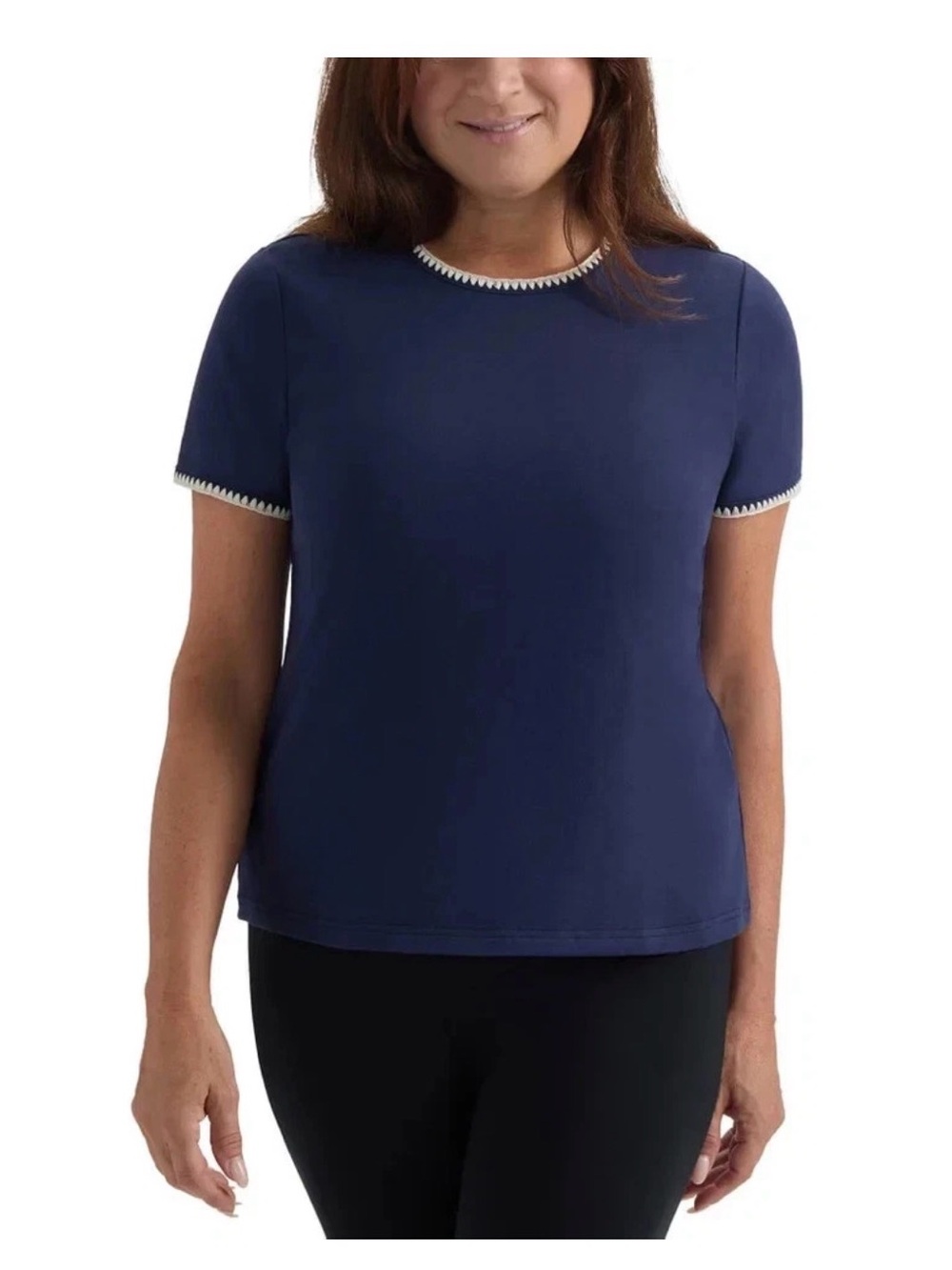 Teddi Rose Navy Short Sleeve Knit Top with Contrast Trim